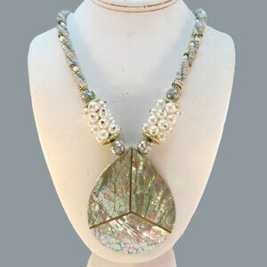 Abalone & Faux Pearl Teardrop Necklace with Heishi Shell Beads and Hook Closure